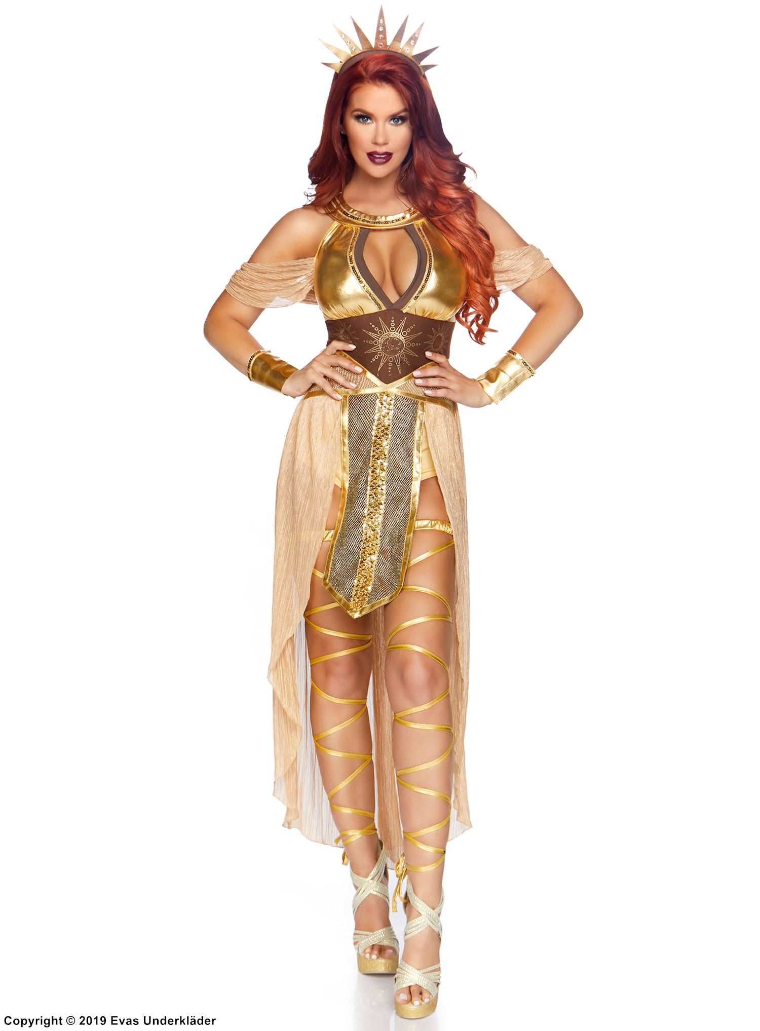 Sun goddess, costume dress, keyhole, cold shoulder